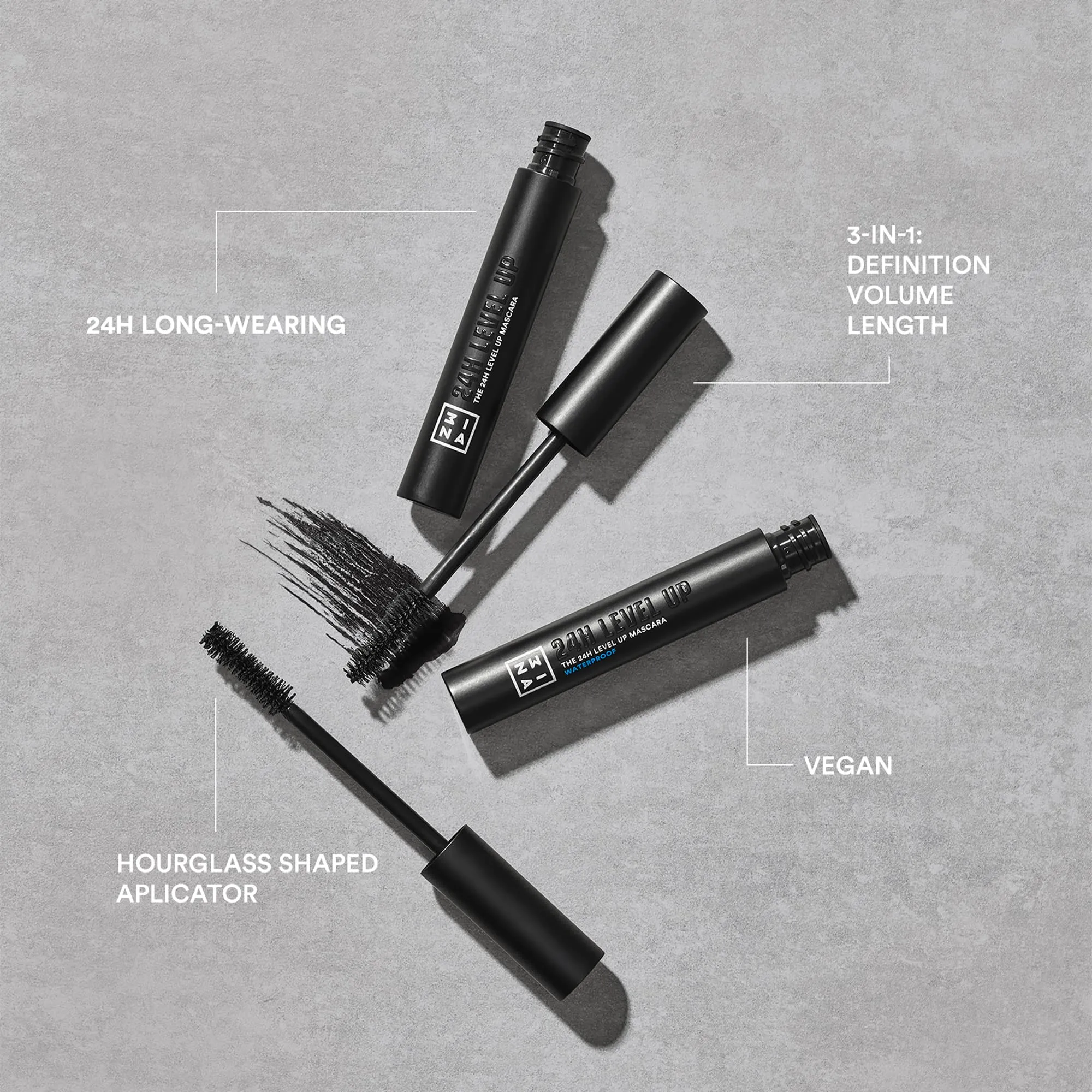 3INA MAKEUP - Vegan - Cruelty Free - The 24h Level Up Mascara Waterproof 900 - Black Mascara Long Lashes - Extreme Definition - Volume Length Curve - Panoramic Effect - Metallic Tube - Hourglass Brush