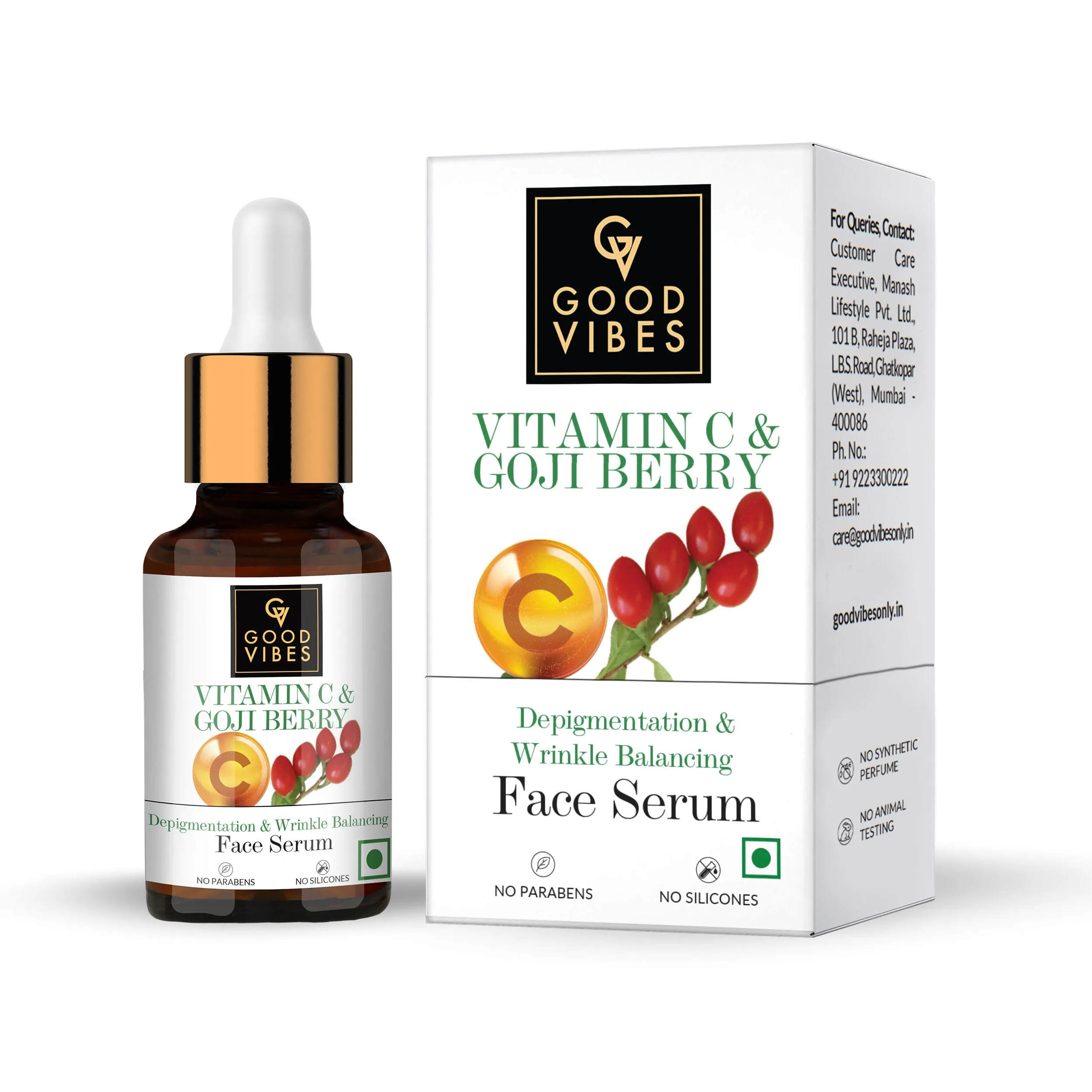 Good Vibes Vitamin C & Goji Berry Depigmentation & Wrinkle Balancing Face Serum | Lightening | With Aloe Vera | No Parabens, No Sulphates (10 ml)