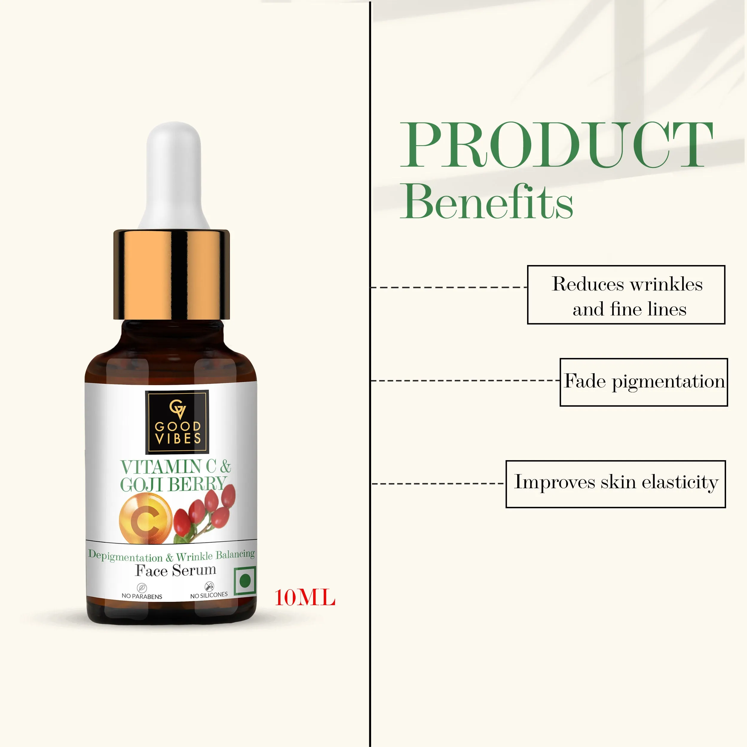 Good Vibes Vitamin C & Goji Berry Depigmentation & Wrinkle Balancing Face Serum | Lightening | With Aloe Vera | No Parabens, No Sulphates (10 ml)