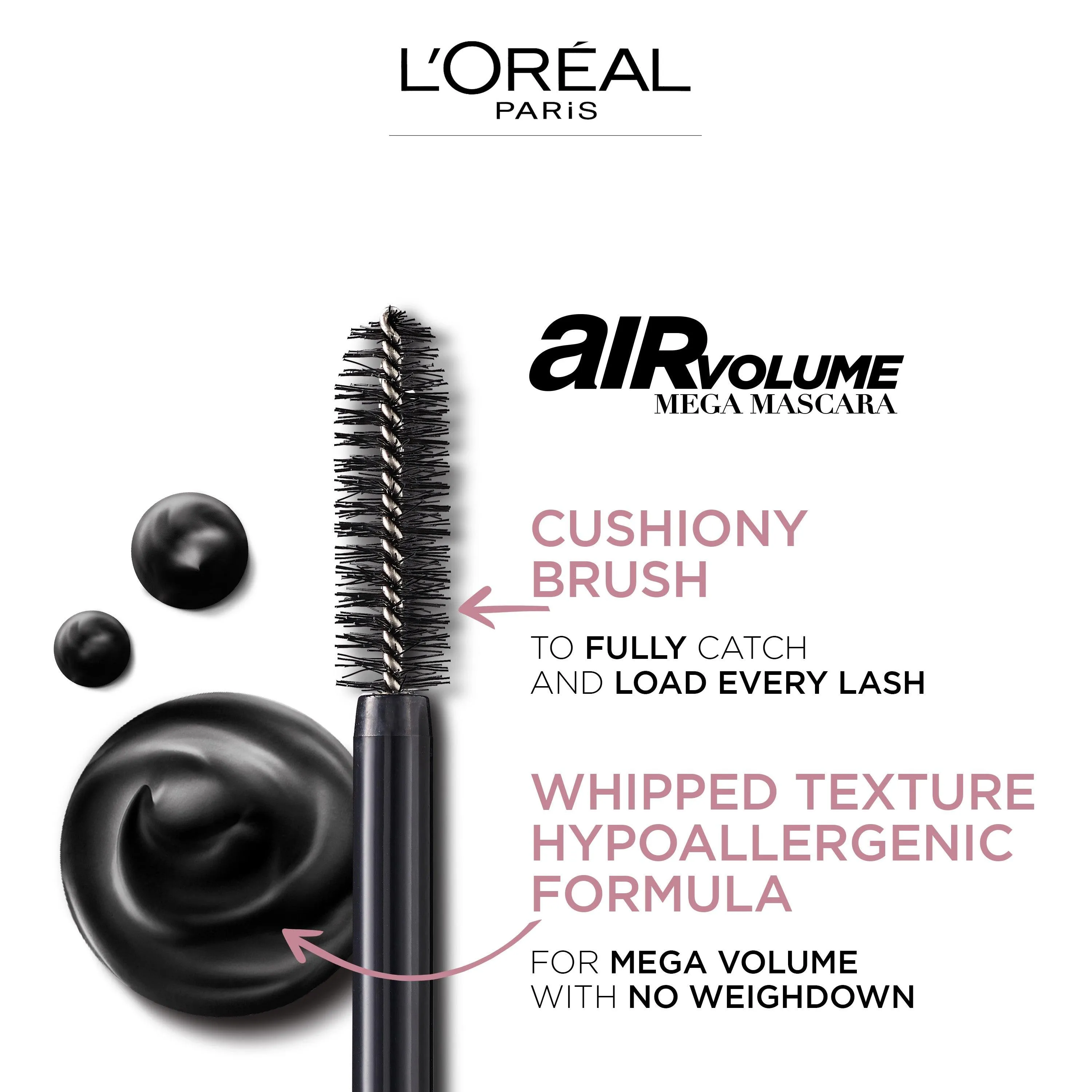 L’Oréal Paris Air Volume Mega Mascara Washable, Air Whipped Formula Lasting Up To 24H- Lightweight